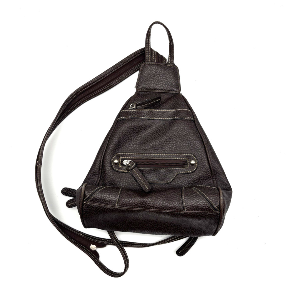 Vintage 00s Y2K Brown Faux Leather Triangle Organizer Sling Backpack Purse 9x10"